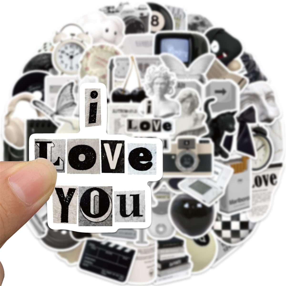 Aesthetic Black and White Stickers, 60PCS Retro Vintage Y2K INS Sticker Pack, Waterproof Vinyl Decals for Laptop, Hydro Flask, Water Bottle, Scrapbook Stickers for Toddlers, Teens, Girls(INS Love)