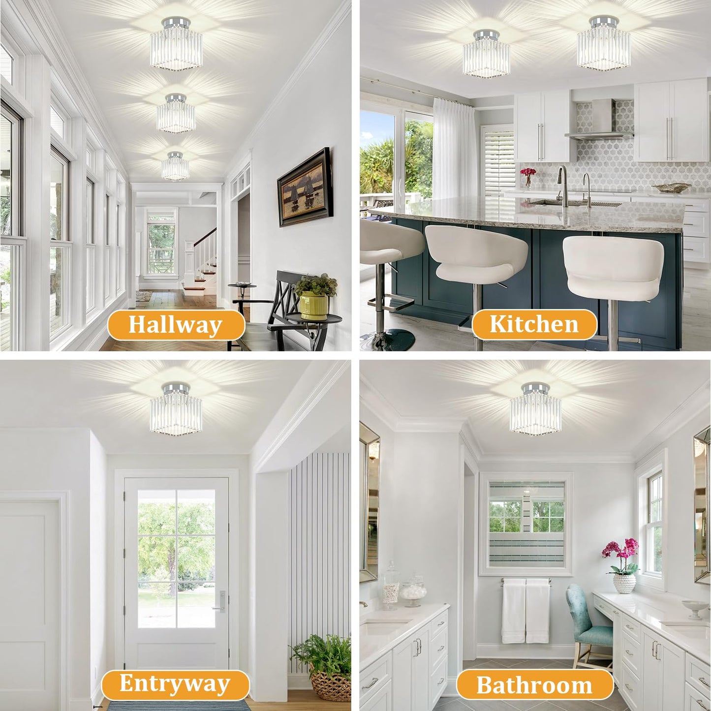 GZBEINI 2-Pack Modern Crystal Semi Flush Mount Ceiling Light, Mini Square Chrome Hallway Light Fixtures Close to Ceiling Lights for Entryway Bathroom Bedroom Kitchen Dining Room Laundry, 7.24Inch