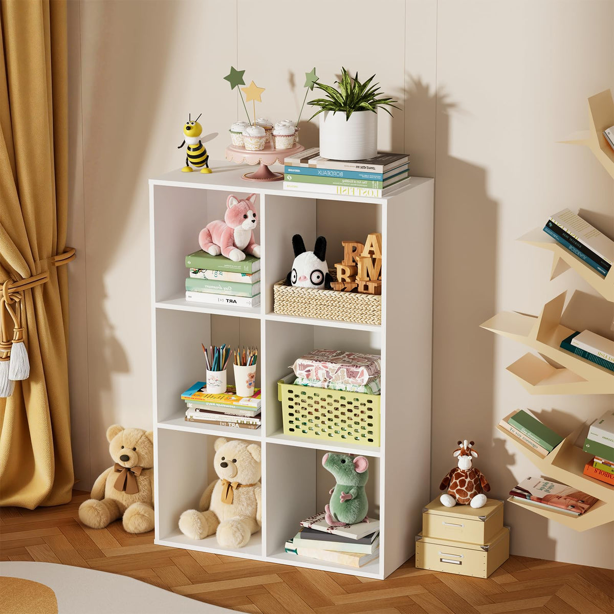 Nestwise 6 Cube Storage Organizer, Open Bookshelf Storage Cubes Shelf with Back Panel, Wooden Display Shelf Bookcase Standing Shelves for Living Room, Bedroom, Home Office (White, 6-Cube)