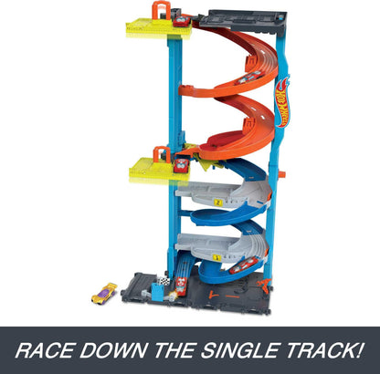 Hot Wheels City Racetrack, Transforming Race Tower, 2-in-1 Tower Mode or Race Mode for Single or Dual Racing, Includes 1 Toy Car in 1:64 Scale, Toys for Ages 3 and Up, One Pack, HKX43