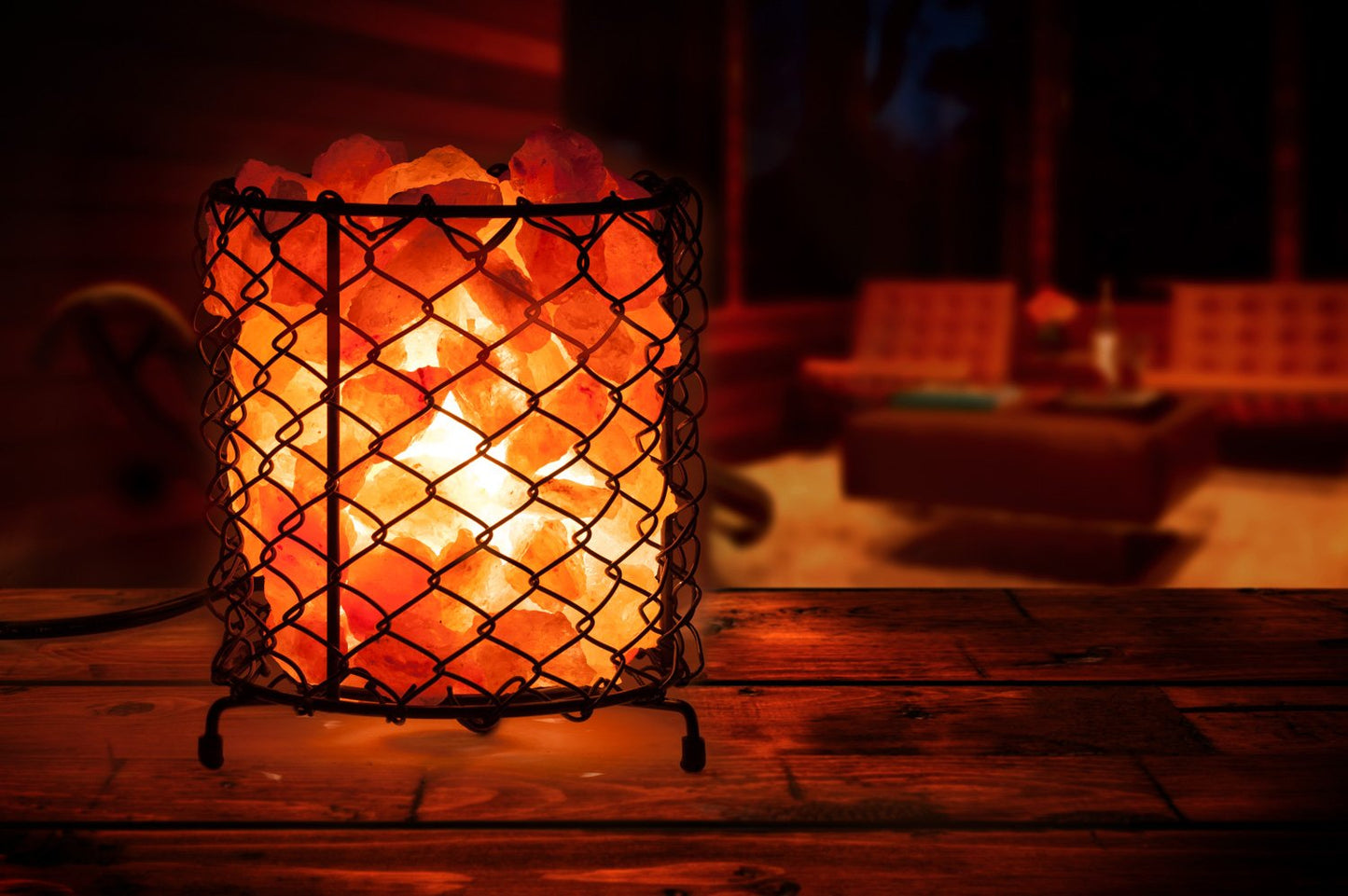 Hemingweigh Natural Hand Carved Crystal Salt Lamp with Salt Chips- Natural Himalayan Salt Crystals | Metal Cylinder Basket Lamp 17cm Electric Wire & Bulb