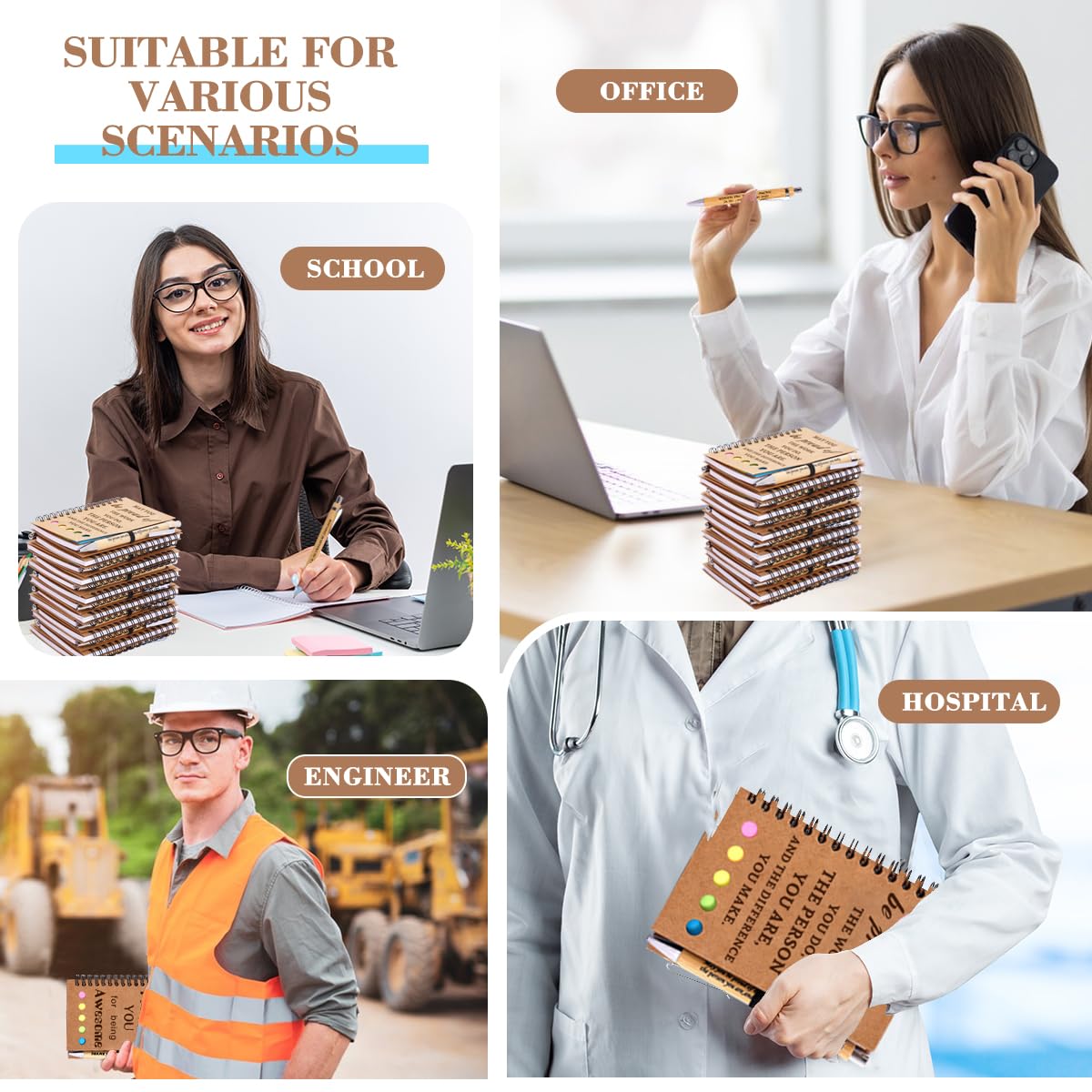 30 Sets Employee Appreciation Gifts Bulk Team College Graduate Thank You Gifts Inspirational Spiral Notebook with Sticky Note Motivational Bamboo Ballpoint Pens for Nurse Teacher Employees Coworker