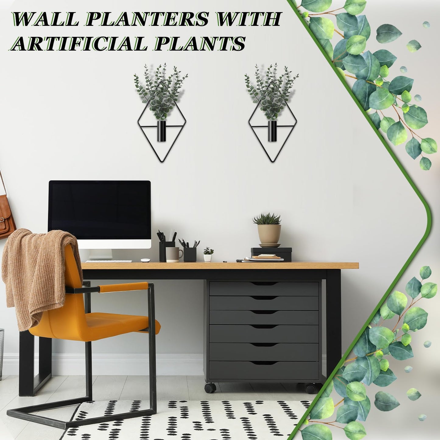 Jexine Hanging Planters with Artificial Eucalyptus Metal Hanging Vase Indoor Plants Holder Modern Geometric Boho Bathroom Wall Decor for Living Room Home Office (Black,4 Pcs)