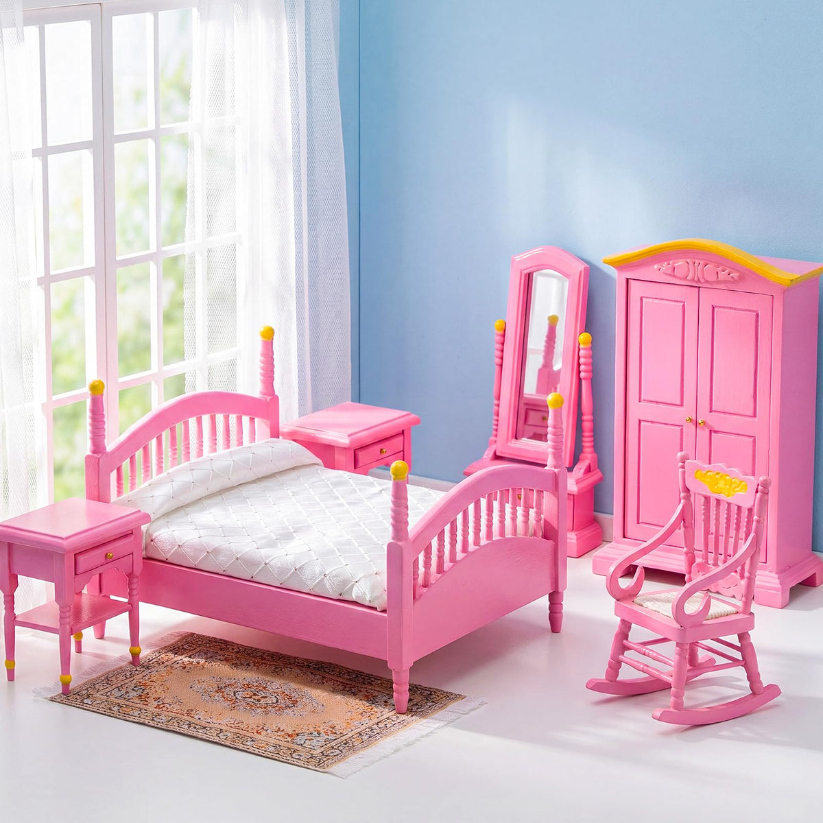 Skylety 7 Pcs Wooden Dollhouse Furniture Set 1: 12 Scale Victorian Dollhouse Bedroom Furniture, Bed Dressing Table Wardrobe Carpet for Adults Toys Miniature Doll House Accessories(Pink,Bright)