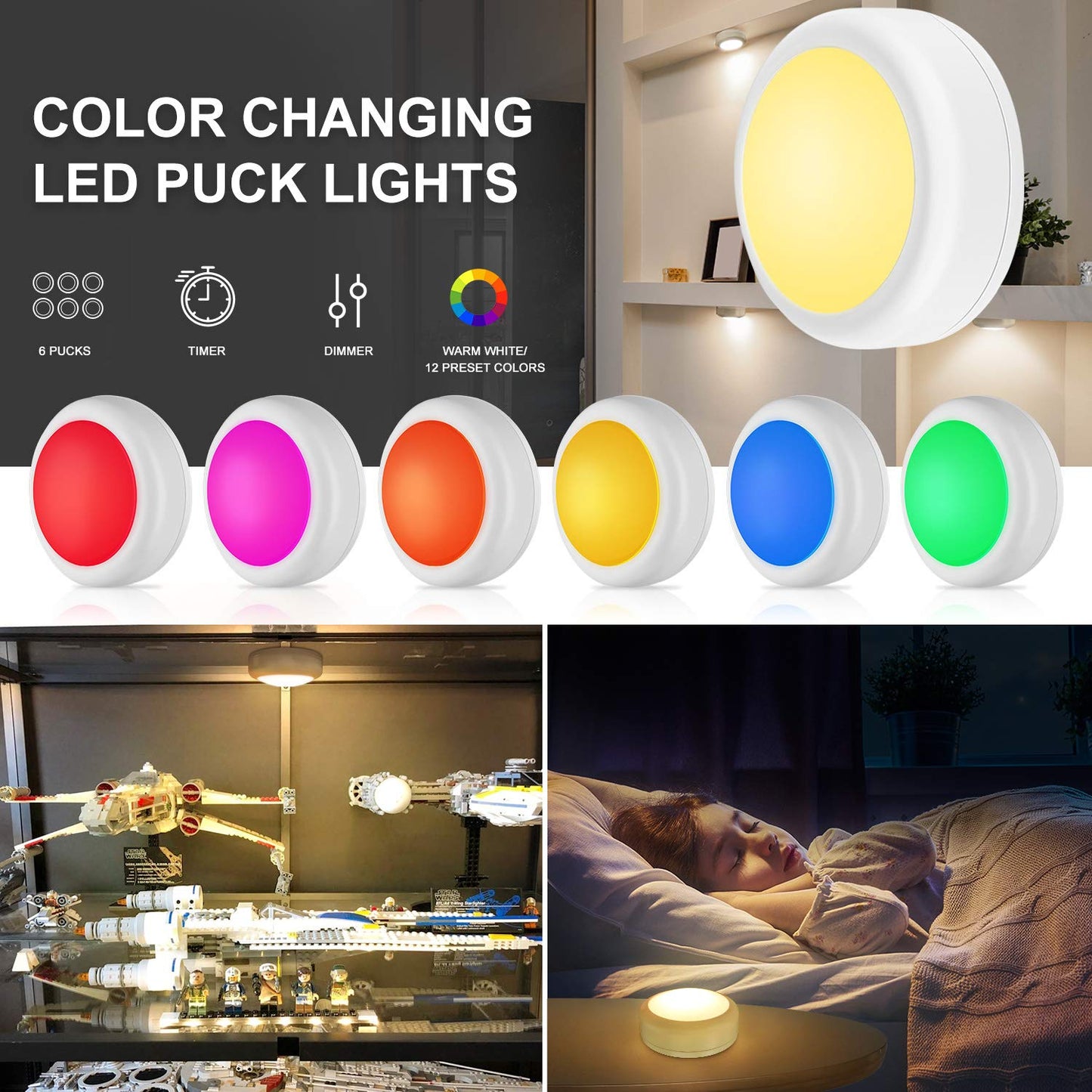 BLS LED Puck Lights with Remote Control, Wireless Under Cabinet & Closet Lighting, RGB 13 Color Changing Lights with Dimmer, Timer & AA Battery Operated, Push, Touch, Stick on for Night, White, 2 Pack