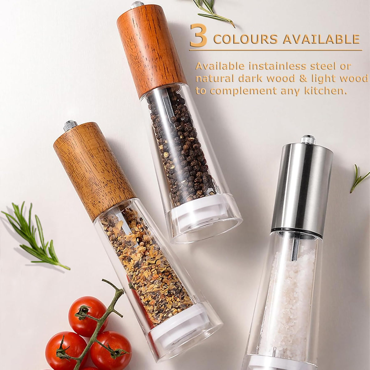 Salt and Pepper Grinder Set, Acrylic Pepper Mill with Adjustable Coarseness Wooden Pepper Grinder, Manual Salt Shake Refillable for Kitchen, Pack of 2 (Light Wood)