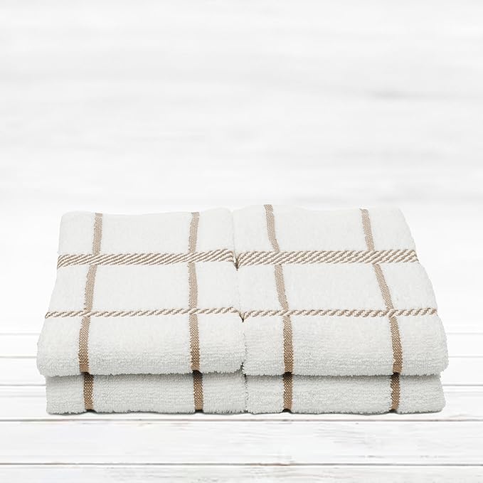 100% Cotton Terry Dish Towels, 4 Pack Checks, 16 x26 Inches, Super Soft and