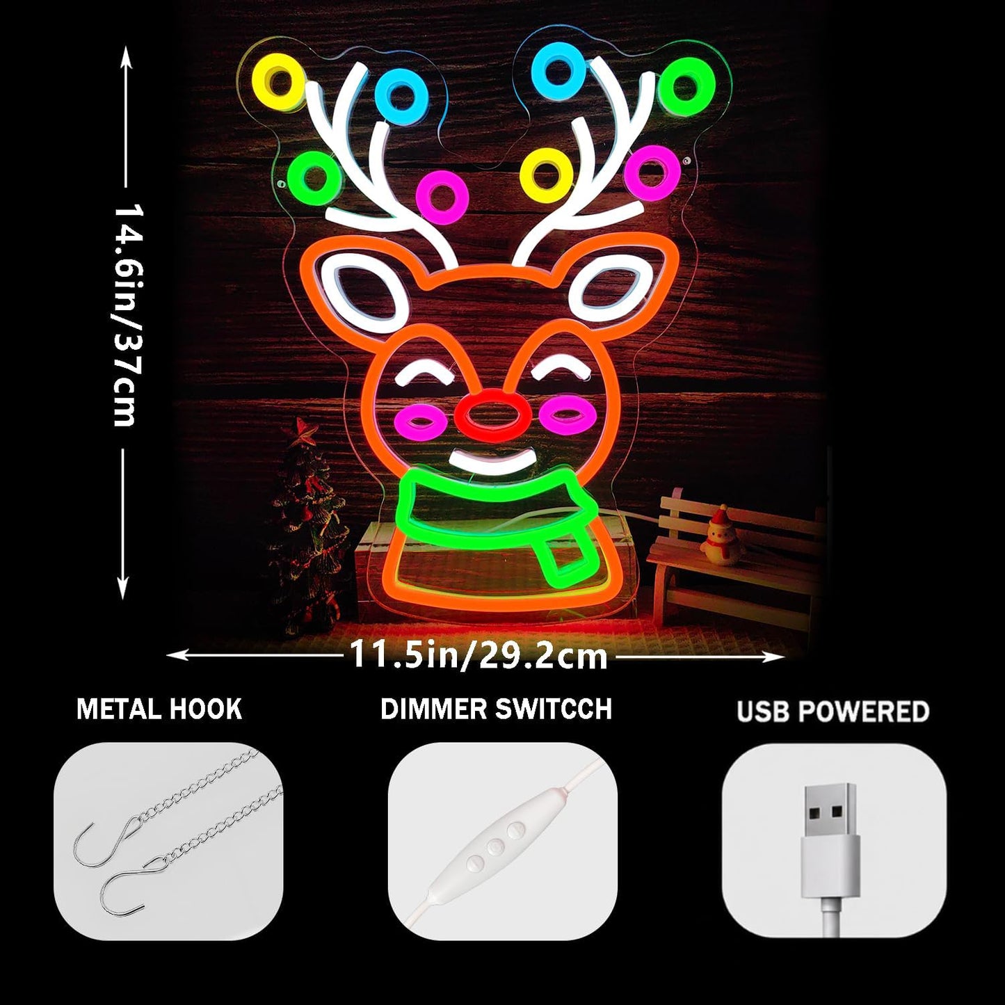 Christmas Elk Neon Sign Reindeer Neon Sign Dimmable Neon Christmas Sign christmas Neon Light Up Sign for Bedroom Living Room Home Party Gifts