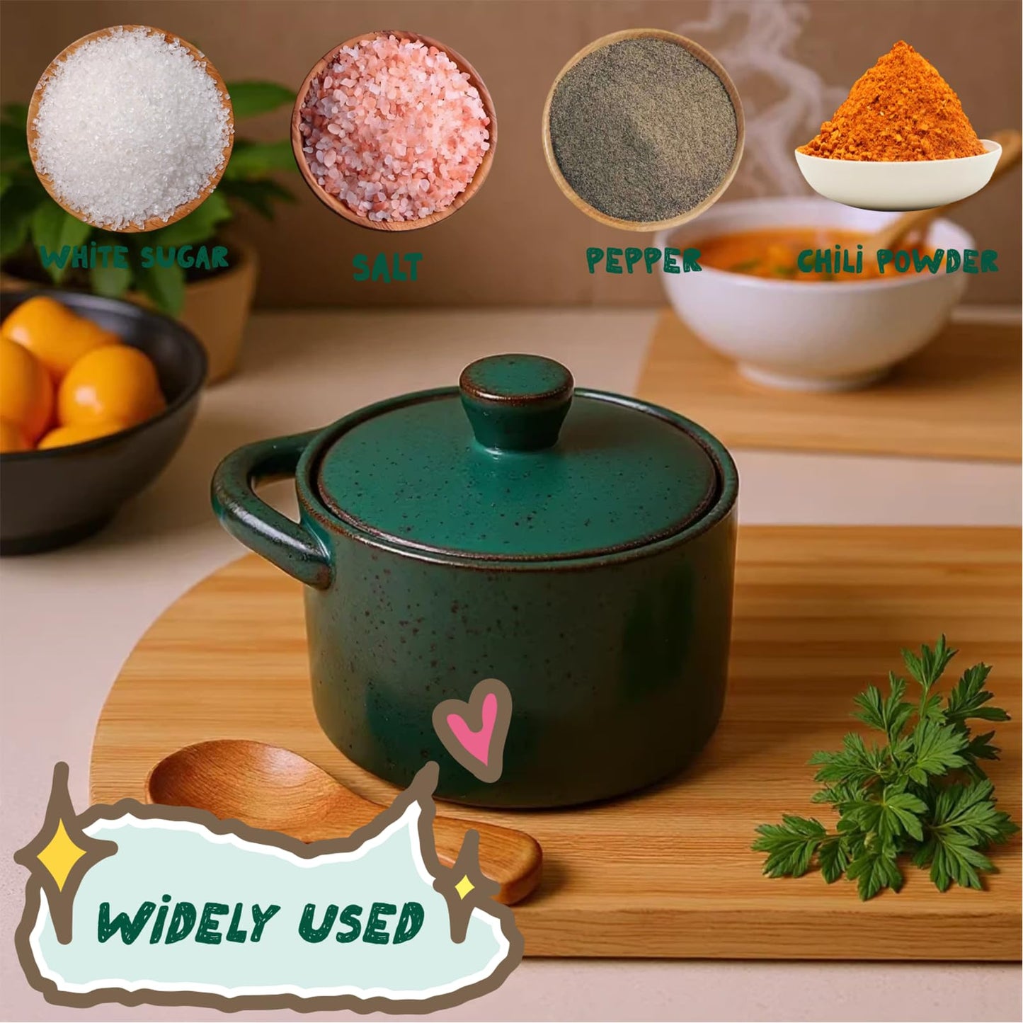 Ntwoiee 8.5 oz Ceramic Salt Cellar with Lid & Wooden Spoon,Countertop Salt Container,Used for kitchen salt, pepper, spices, sugar, candy cans (dark blue)