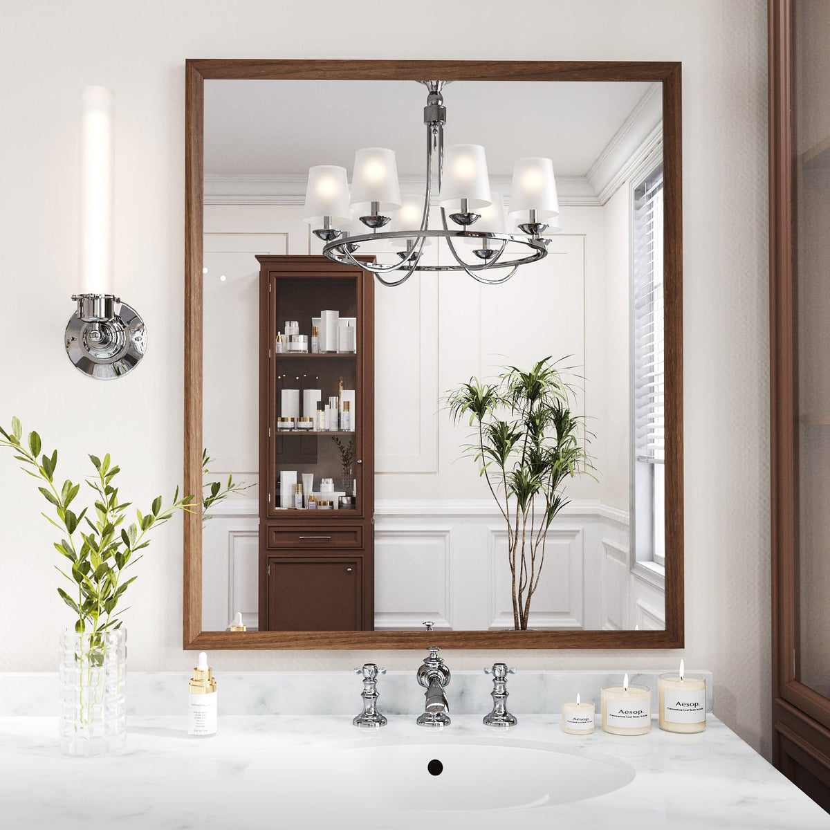 WEER Walnut Framed Mirror for Bathroom, 36x30 Inch Wall Mounted Mirror, Wood Grain Framed Vanity Mirror, Farmhouse Bathroom Mirror, Tempered Glass, Vertically or Horizontally, Anti-Rust
