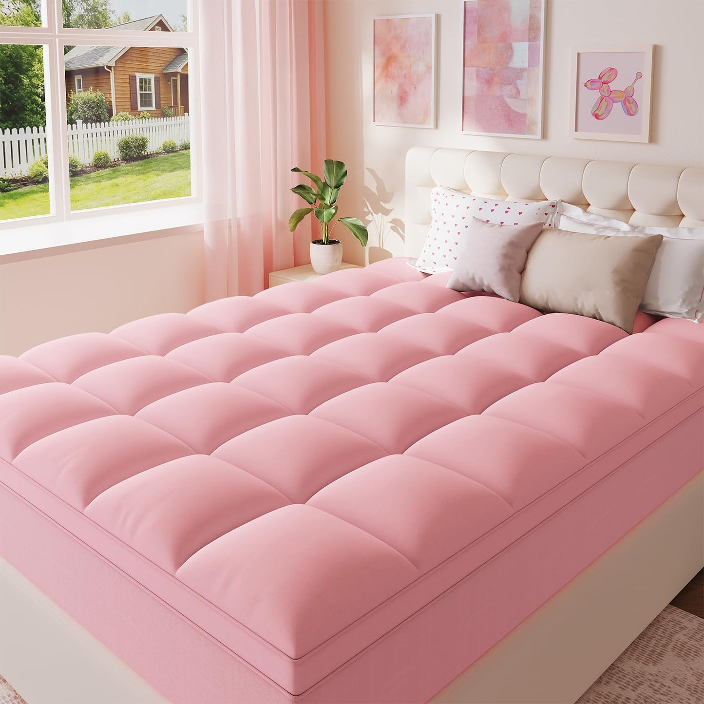 ELEMUSE Pink Queen Mattress Topper for Bed, Extra Thick Pillow Top Mattress Pad with Plush Comfort, Designed for Couples & Everyday Sleep, Bedroom Upgrade