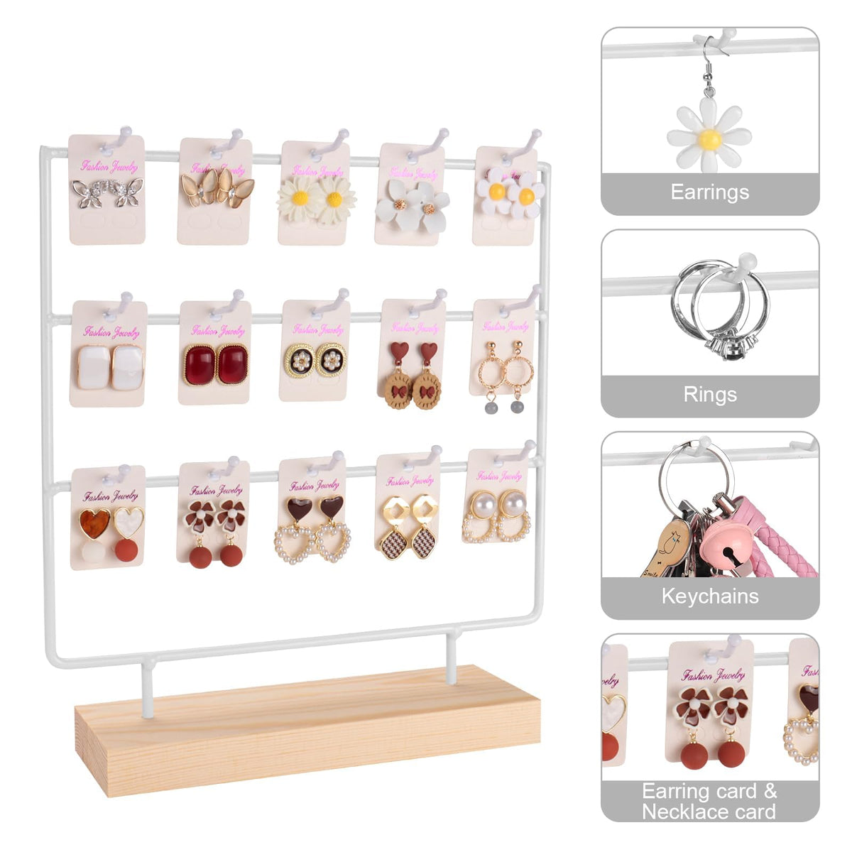 shidaishiye Earring Display Stand for Selling, Wood Earring Rack Tower Display Holder Stand (3 Tier,15 Hooks, White)