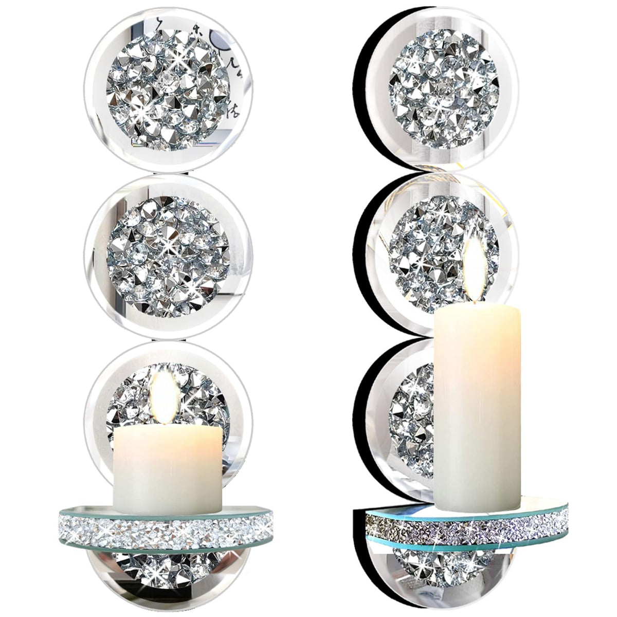 ZOLAPI Set of 2 Crystal Crush Diamond Candle Sconces, Gorgeous Silver Mirrored Wall Sconce, Round Candle Holder Glass Wall Decorations for Home Décor, Living Room, Dining Room.