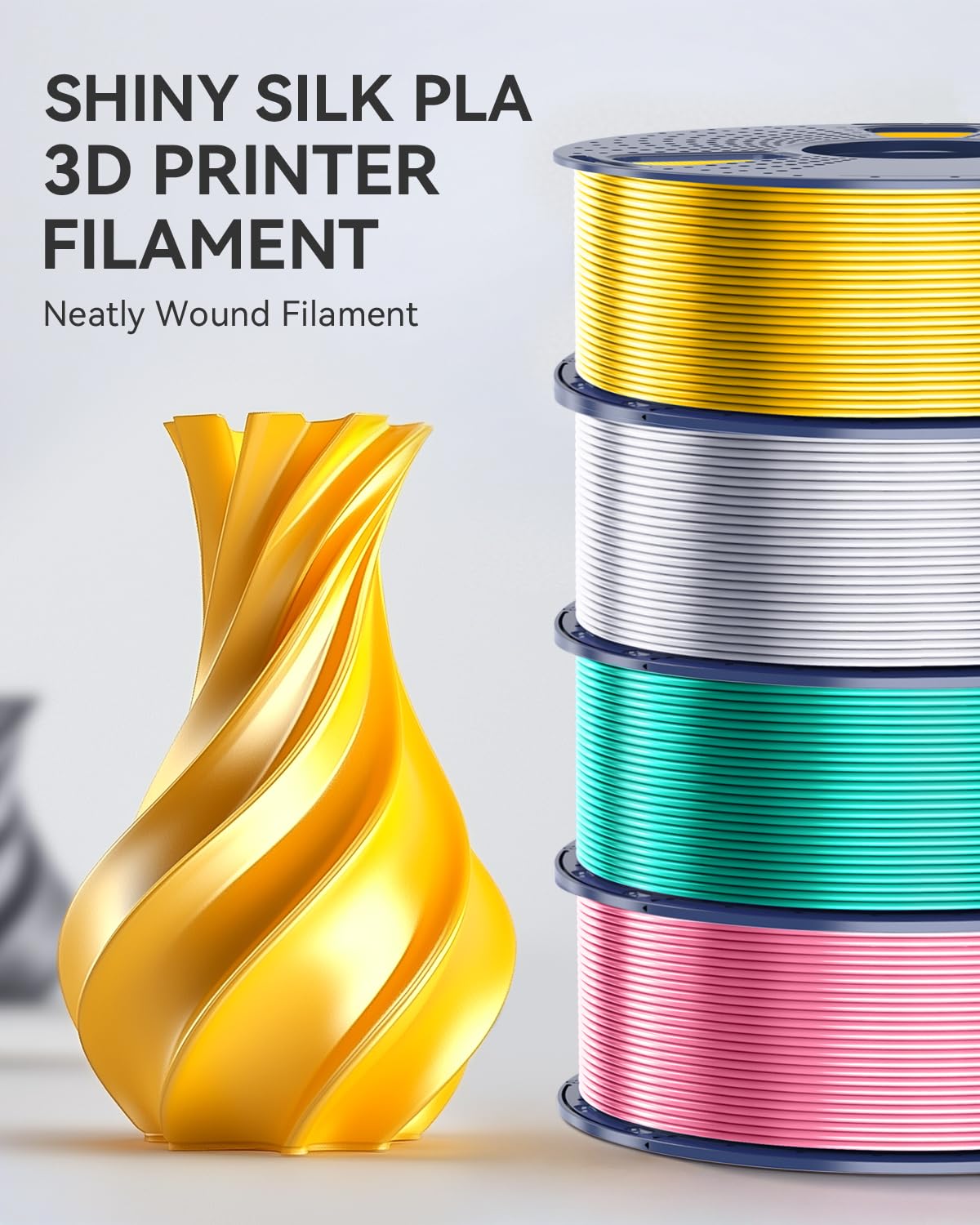 SUNLU Silk PLA+ Filament, Shiny Metallic Silk 3D Filament 1.75mm, High Strength PLA Plus 3D Printer Filament, 1KG Spool, Light Gold