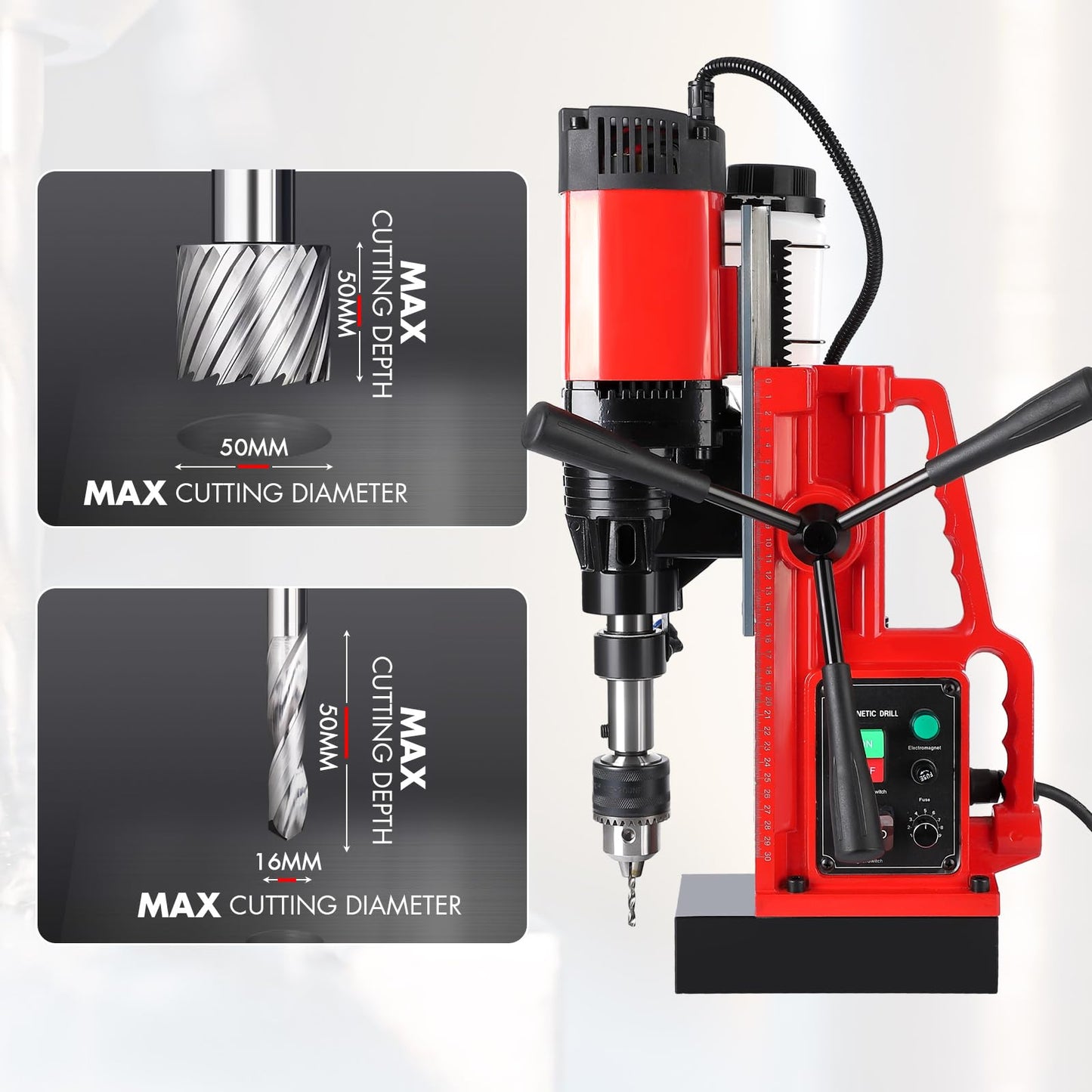 Magnetic Drill Press, 1550W 500RPM Portable Power Mag Drill Press, 10-Speed Core Drilling Machine for Metal Working,3Pcs Drill Bits