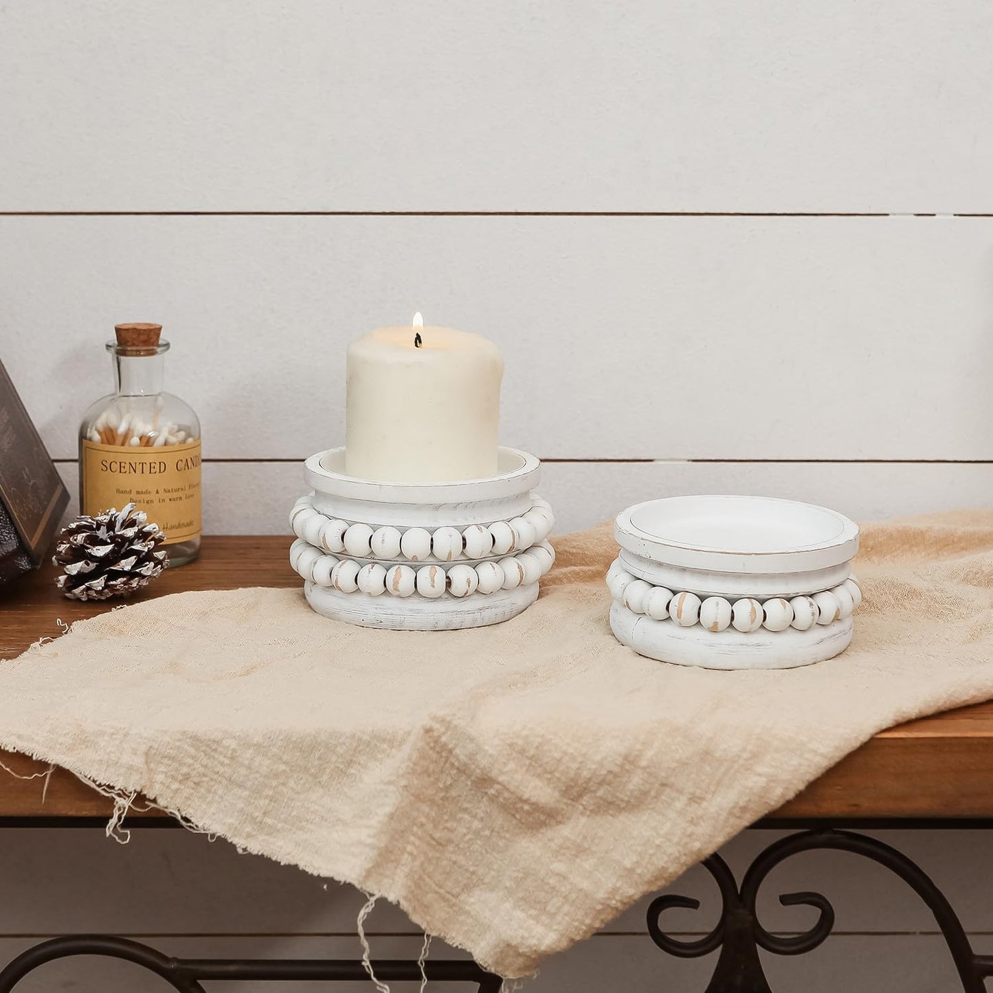 NIKKY HOME Farmhouse Beaded Wood Pillar Candle Holders Set of 2, White