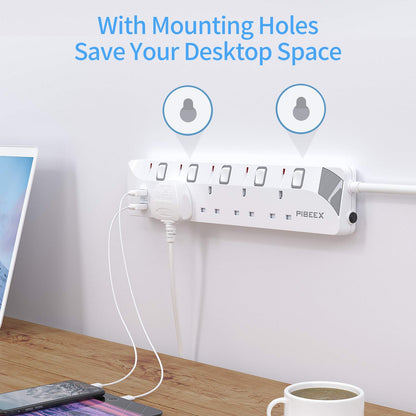 PIBEEX Extension Lead with 4 Way Plug Sockets, Wall Mountable Extension Socket with Individual Switches and 2 USB Charging Ports, 13A 3250W, 2M Extension Cord