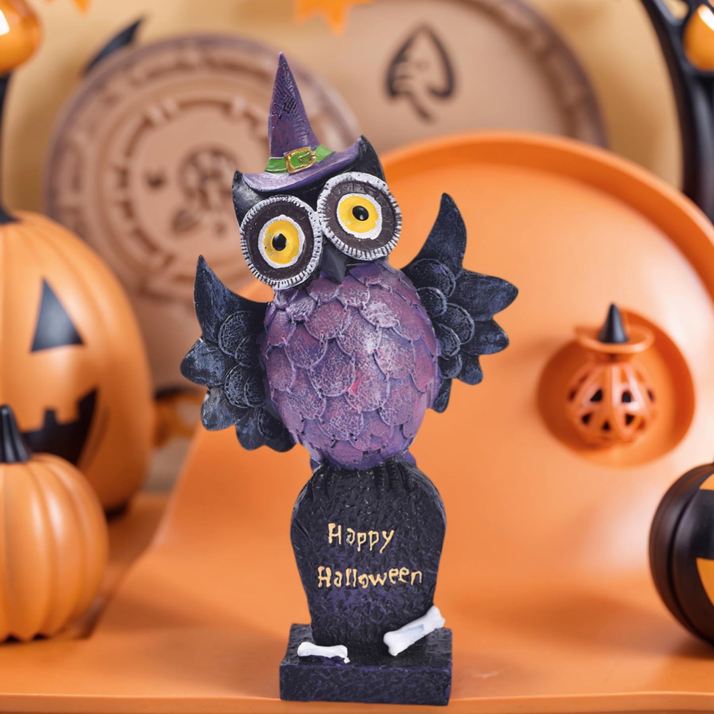 voiyio Resin Owl Statue Decor Home Indoor Halloween Party Decoration Figurine with Witch Hat Room Table Decoration Aesthetic Works of Art of Plastic (Purple)