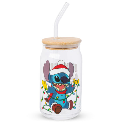Silver Buffalo Disney Lilo and Stitch “Jingle All the Way” Glass Tumbler with Bamboo Lid and Glass Straw Featuring Stitch, 16 Ounces