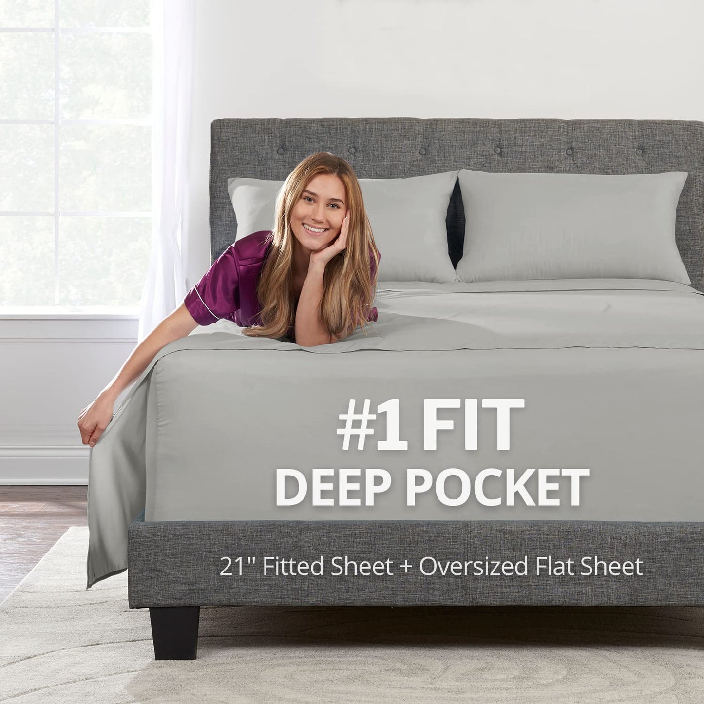 Extra Deep Pocket King Bed-Sheets – 4-Piece Includes: 18”-21” Inch Super Extra Deep Pocket Fitted Sheet – Real Oversize Flat Sheet – 2 Zipper Closure Pillowcases – King Size – Silver Light Gray