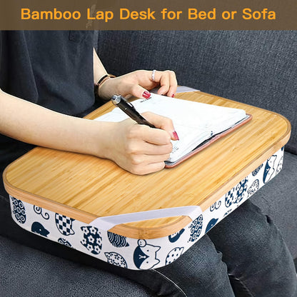 Mayjoy Bamboo Lap Desk with Storage, Cover Removable Lap Desk for Lap, Computer Laptop Stand on Lap, Work on Bed or Couch, Write or Draw on Your Lap (White Kitten)