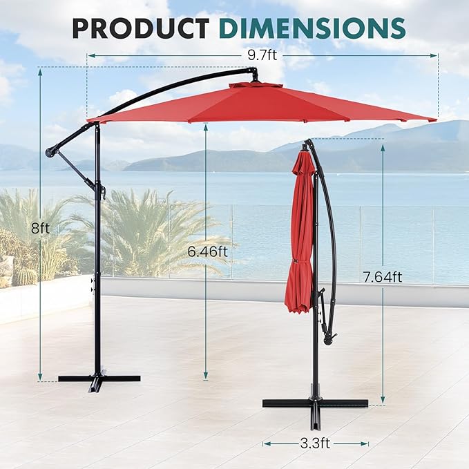 OLIXIS Offset Patio Umbrella, 9.7FT Cantilever Table Umbrellas for Outdoor Sun Shade UV Protection with Easy Tilt Adjustment, 8 Ribs for Backyard, Lawn, Garden, Pool - Red