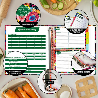 3 Ring Recipe Binder, 8.5x11 inch 3 Ring Recipe Binder Kit with 50 Plastic Sleeves Protectors, 100 Packs 5x7 inch Recipe Cards & 8 Category Divider Tabs, Organizer Set Blooming Flowers Design