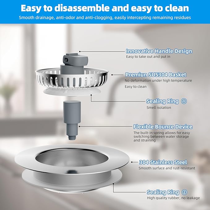 Hibbent 3 in 1 Kitchen Sink Drain Strainer, Stainless Steel Wrapped Shell Drain