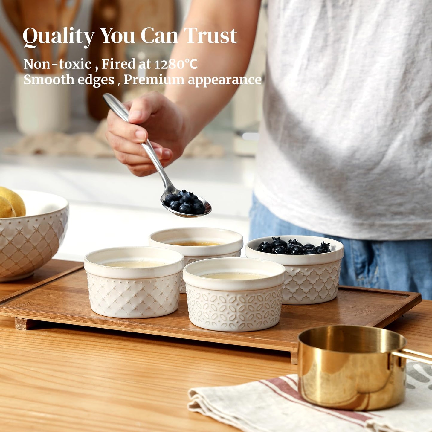 Dowan Ramekins 4 oz Oven Safe Set of 6, Arctic White Porcelain Baking Bowls and Ceramic Condiment Cups for Creme Brulee, Souffle, Pudding, Custard, Dipping Sauce and Small Charcuterie Boards