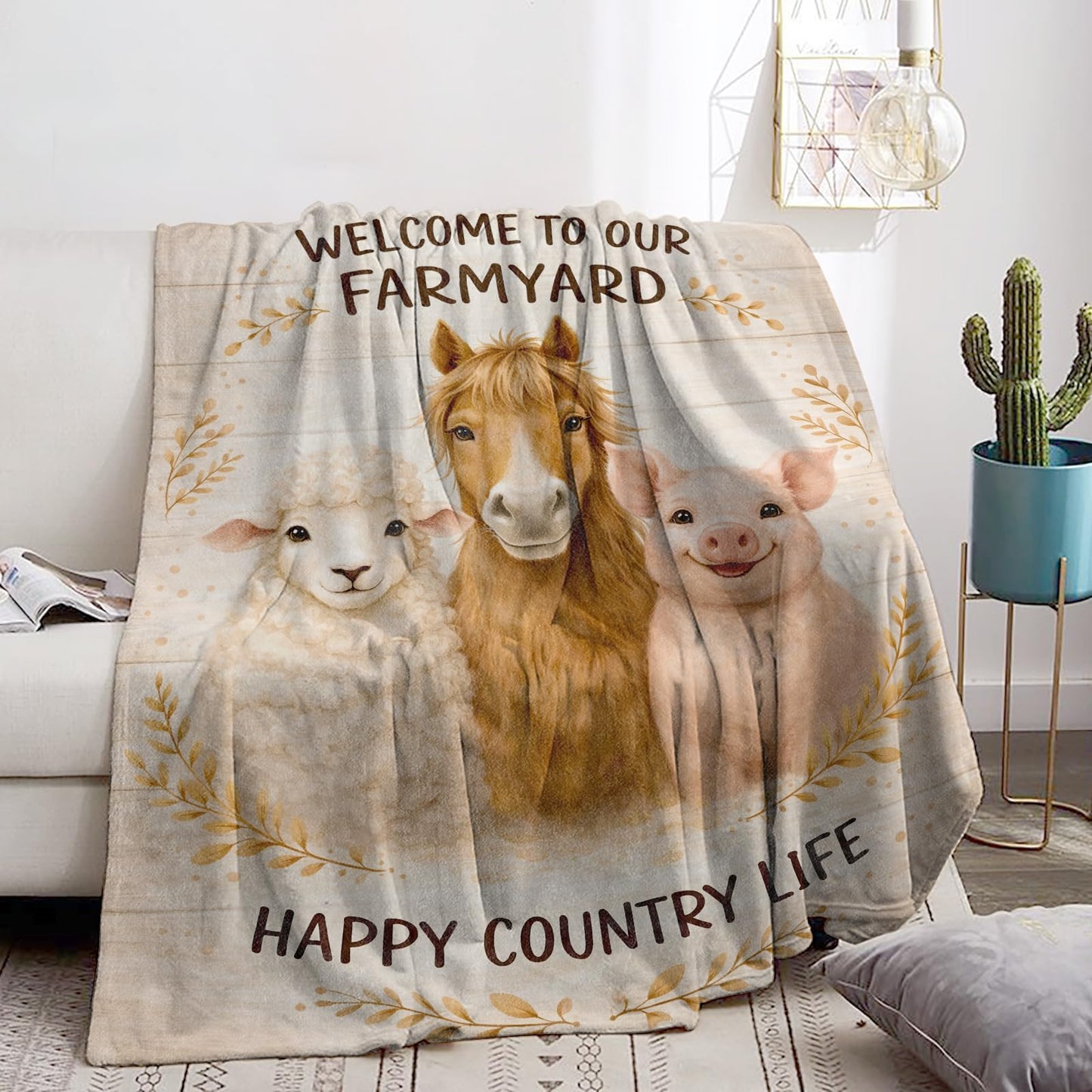 Cute Horse Pig Sheep Farmyard Blanket Soft Cozy Farm Animal Flannel Throw Blanket, Gifts for Kids Boys Girls, Warm Yet Lightweight Blankets for Travel, Couch, Bed, Rustic Decor Comfort Wrap 60"×50"