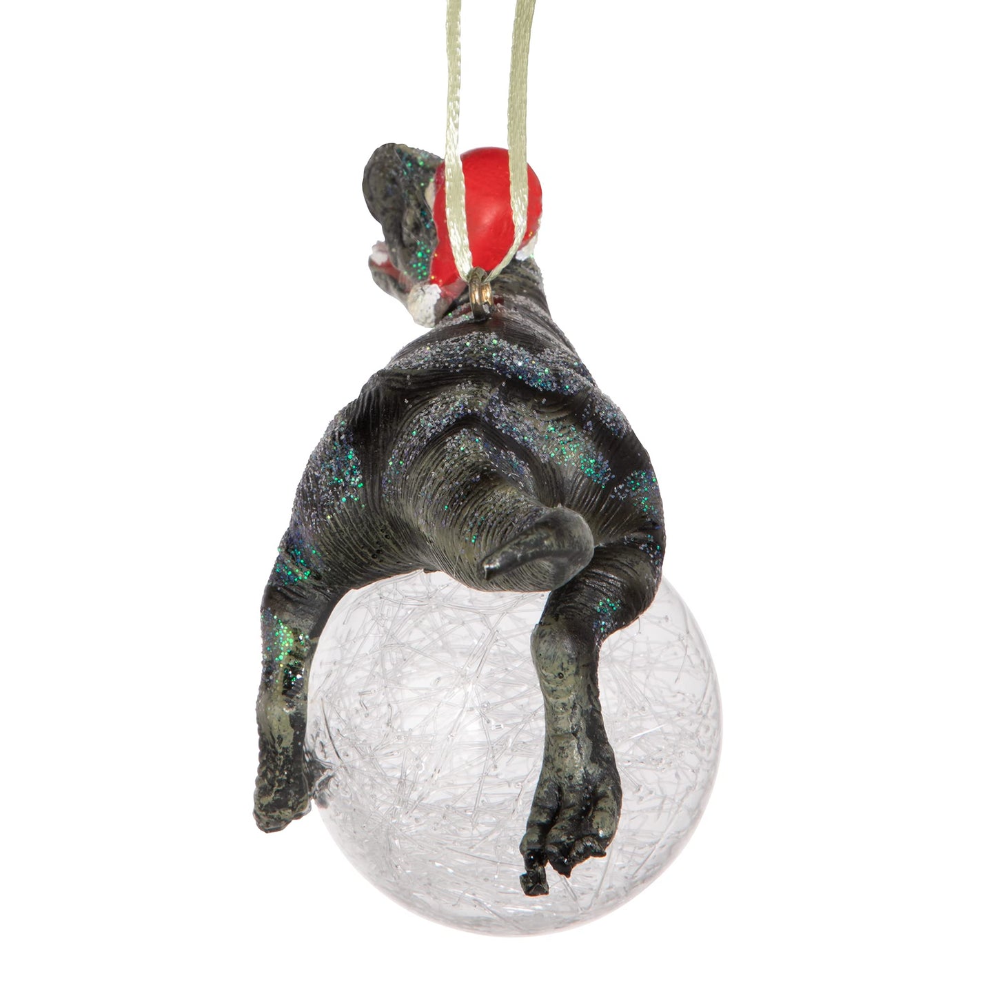 Design Toscano Blitzer the T Rex Dinosaur Christmas Tree Ornament, 5 Inch Long, Cast Stone Resin with Glass Ball, Green Glitter Finish