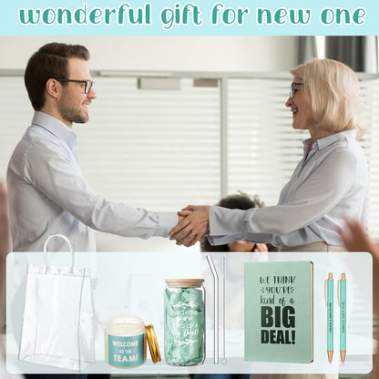 Thenshop 6 Pcs Welcome to the Team Gifts Bulk for New Employee Inspirational Glass Tumbler Notebook Pens Scented Candle with PVC Bag Employee Appreciation Gift Set for New Coworker Office (Sage Green)