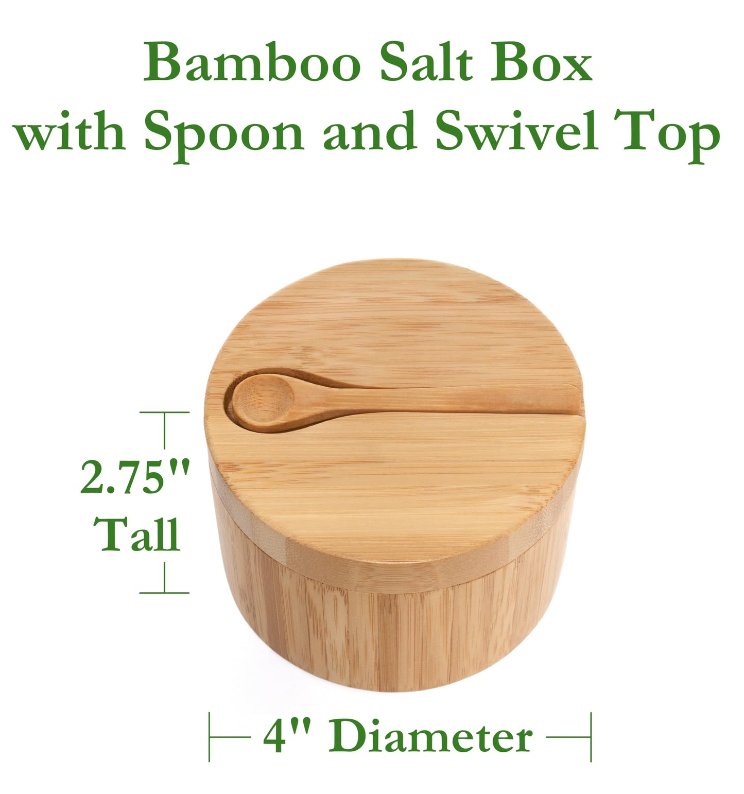 Lipper International Bamboo Wood Salt and Spice Box with Spoon and Swivel Cover, 4" Diameter x 2.75" Tall