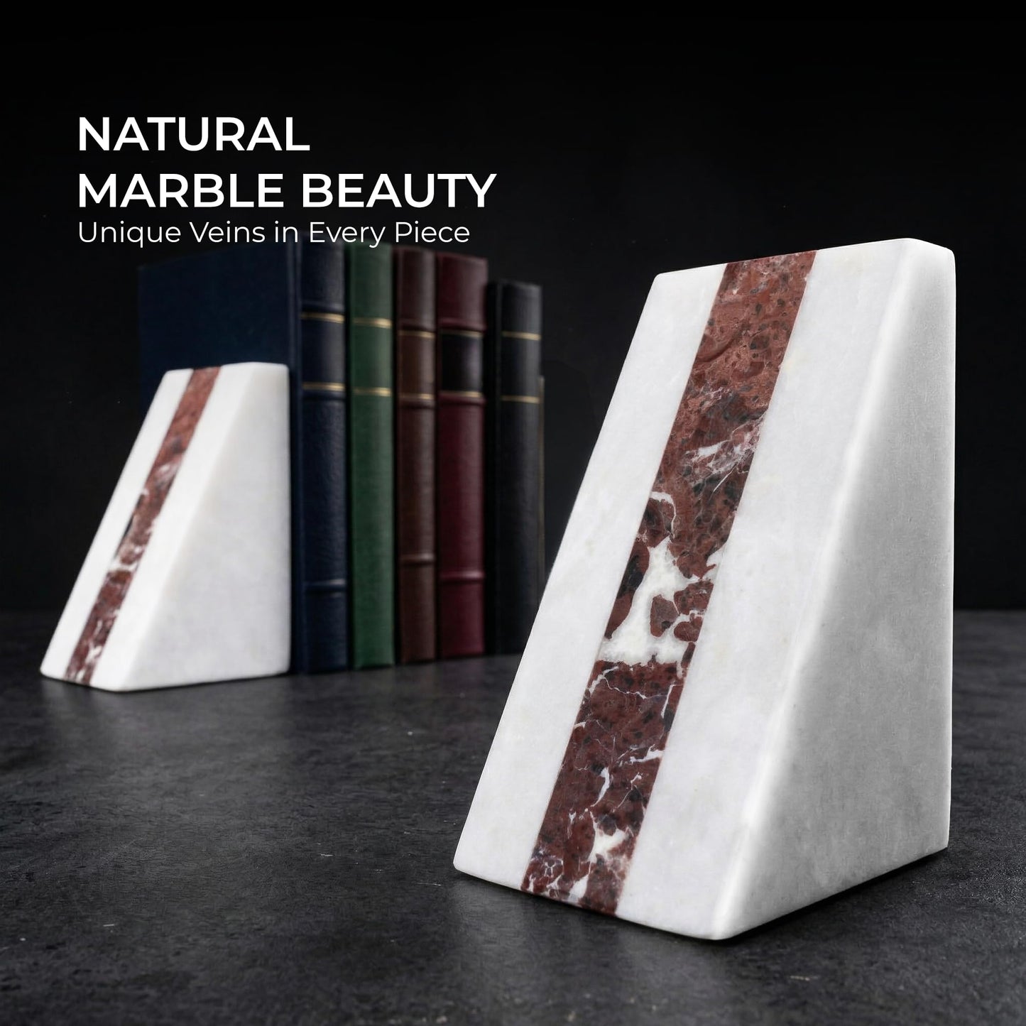 UrbanFocal White Marble Bookend 6" - Book Stoppers for Bookshelves - Modern Decorative Marble Bookends for Home and Office, White
