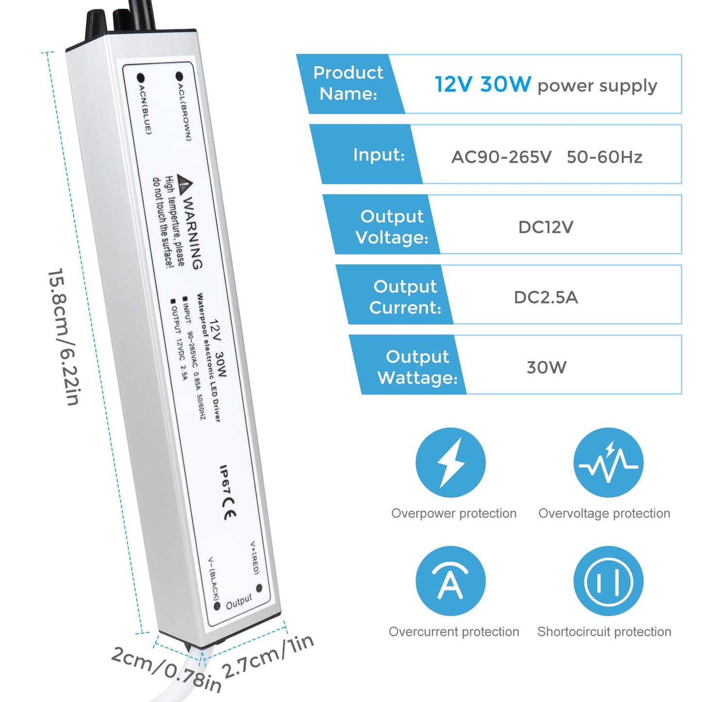 LightingWill 12V 30W Power Supply IP67, 2.5A Outdoor Waterproof LED Driver With Plug, AC 240V to DC 12 Volt Transformer for LED Lighting, CCTV, Computer Project