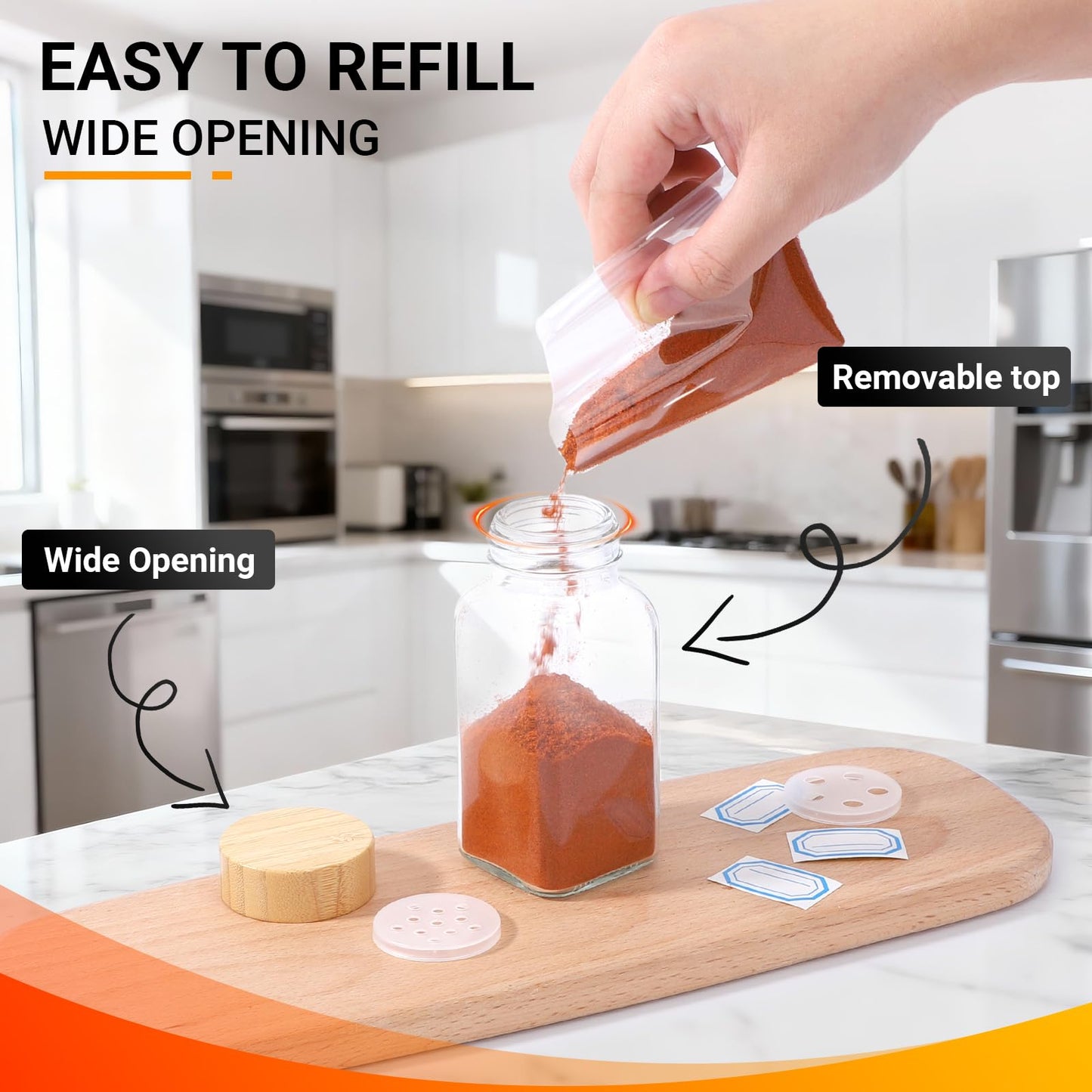 Segarty 6oz Spices Jars with Bamboo Shaker Lids, 2 PCS 180ml Square Spice Containers, Empty Glass Seasoning Organizers for Spices Herbs Storage, Large Salt and Pepper Shakers with 7 Stickers, 1 Brush