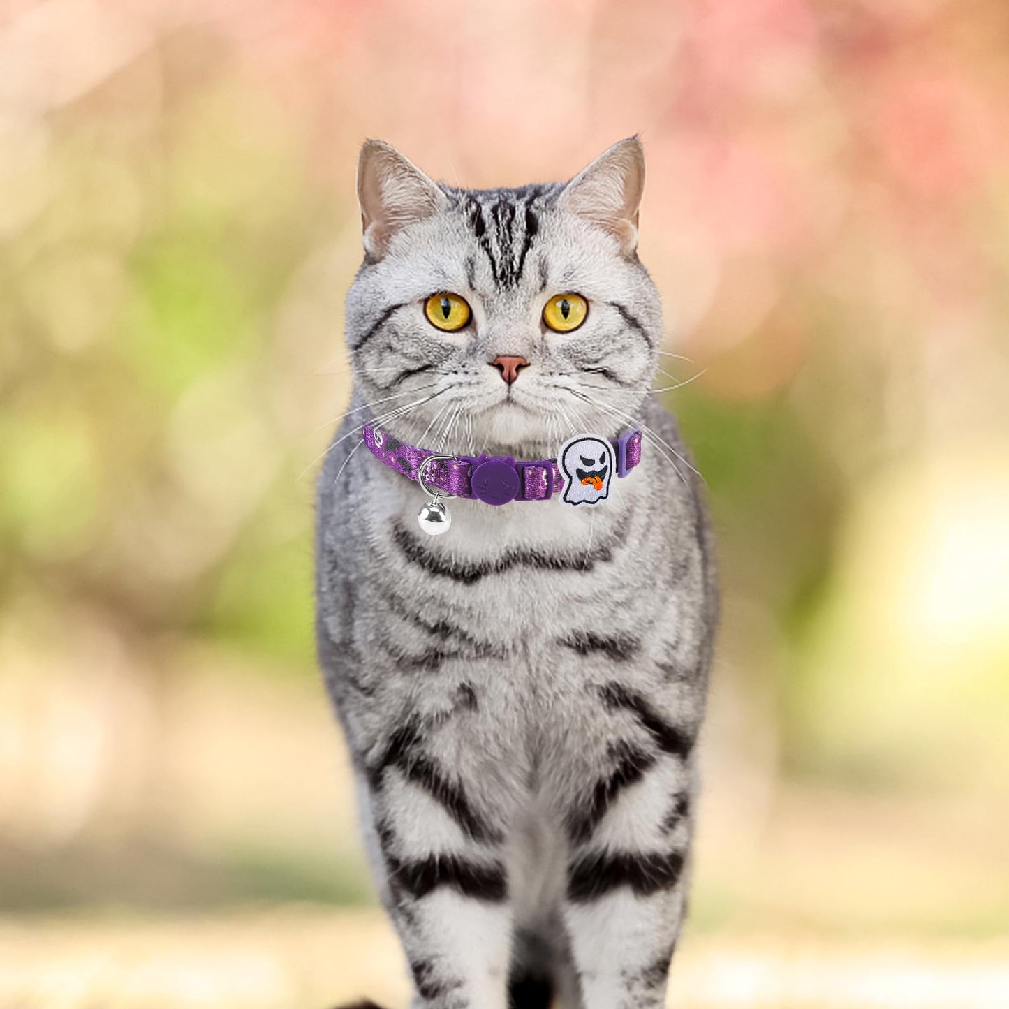 PUPTECK Halloween Cat Collar Breakaway with Bells - 3 Pack Kitten Collar Outfit Adjustable for Girl Boy Small Pet Puppy Bunny Costume with Safety Buckle, Orange Purple Black