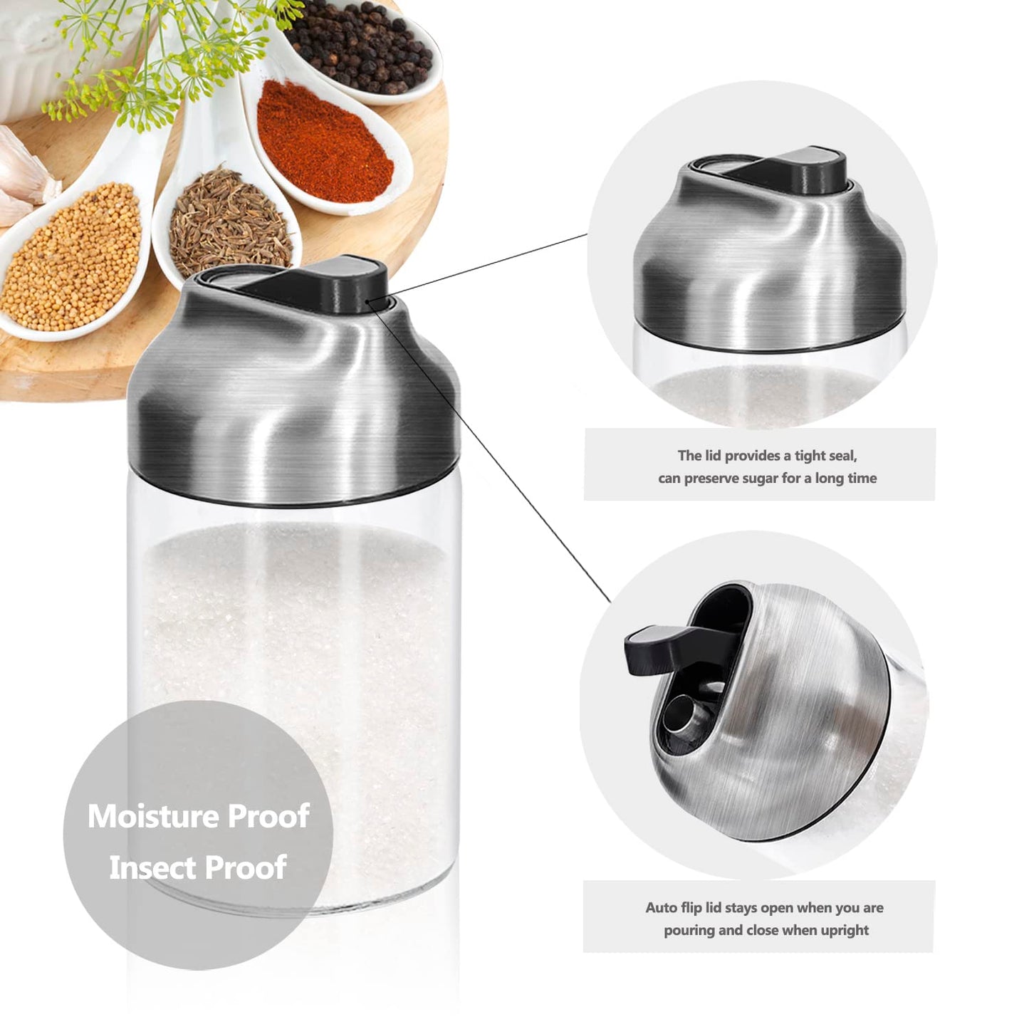 Aelga Glass Sugar Dispenser with Pour Spout + Salt and Pepper Shakers Set