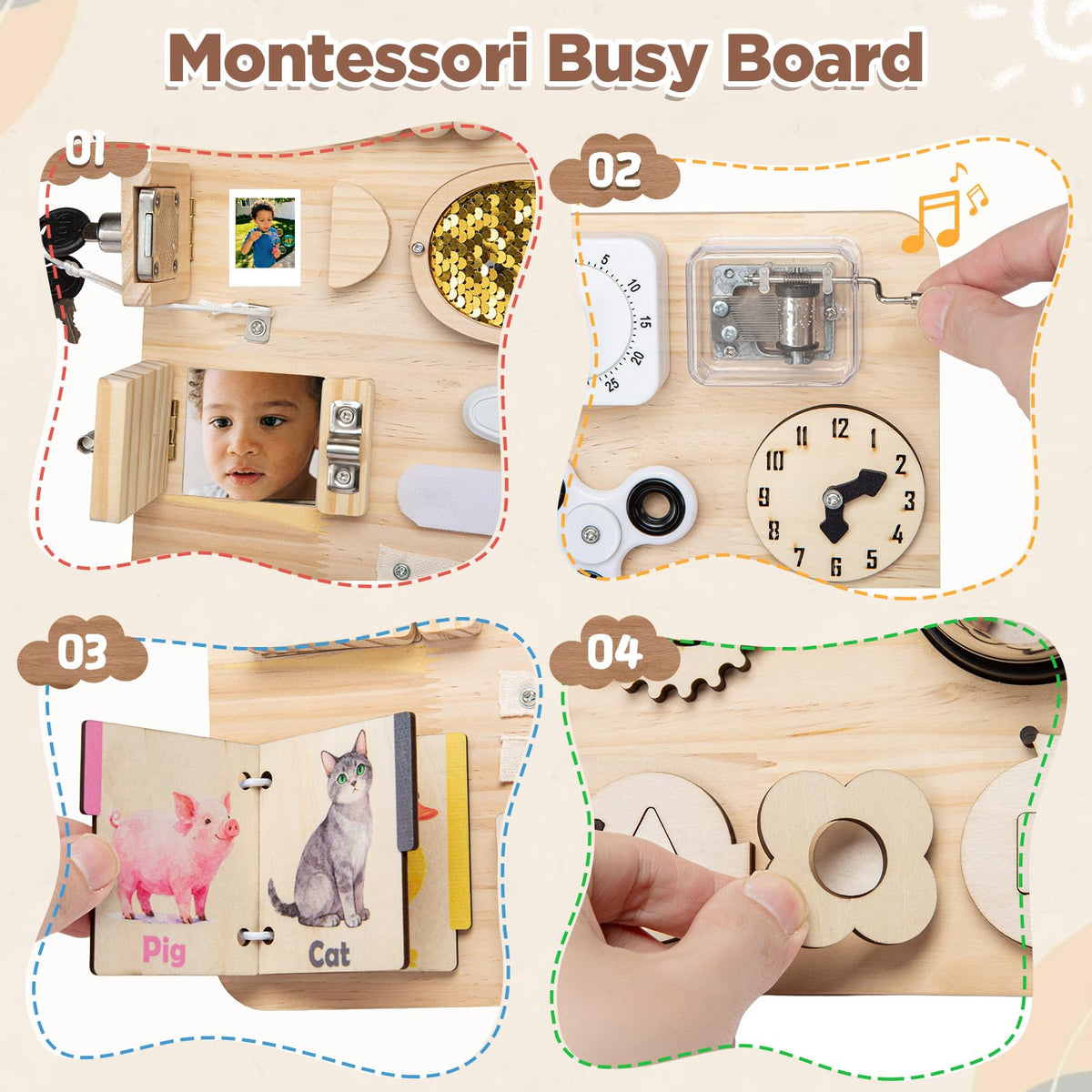 GNAYUIJ Montessori Large Busy Board for 1 2 3 4,Wooden Sensory Activity Toys,Fine Motor Skills & Early Learning for Toddler Baby Boys Girls Gifts for ADHD & Autistic Kids Children