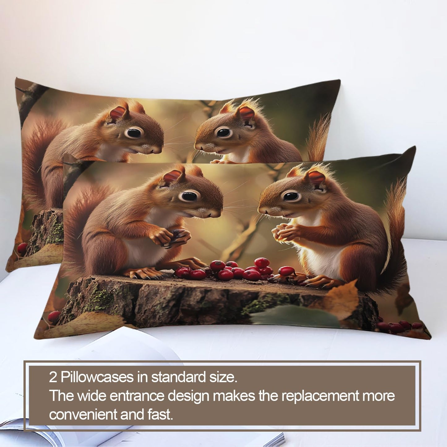 Squirrel Duvet Cover Twin Size, Squirrel Bedding Set 3 Piece, Animal Comforter Cover and 2 Pillow Sham with Zipper Closure 68" x86"