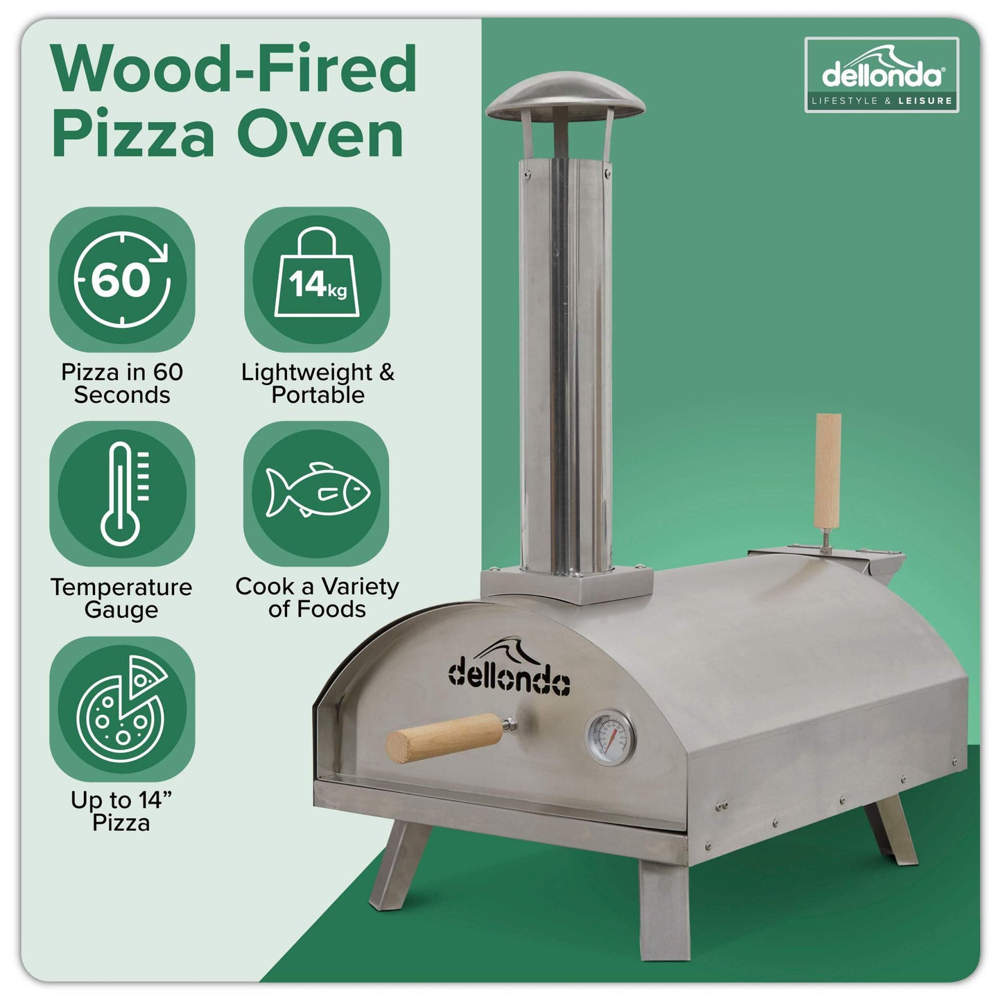 Dellonda Portable Wood-Fired 14" Pizza Oven and Smoking Oven, Stainless Steel - DG11