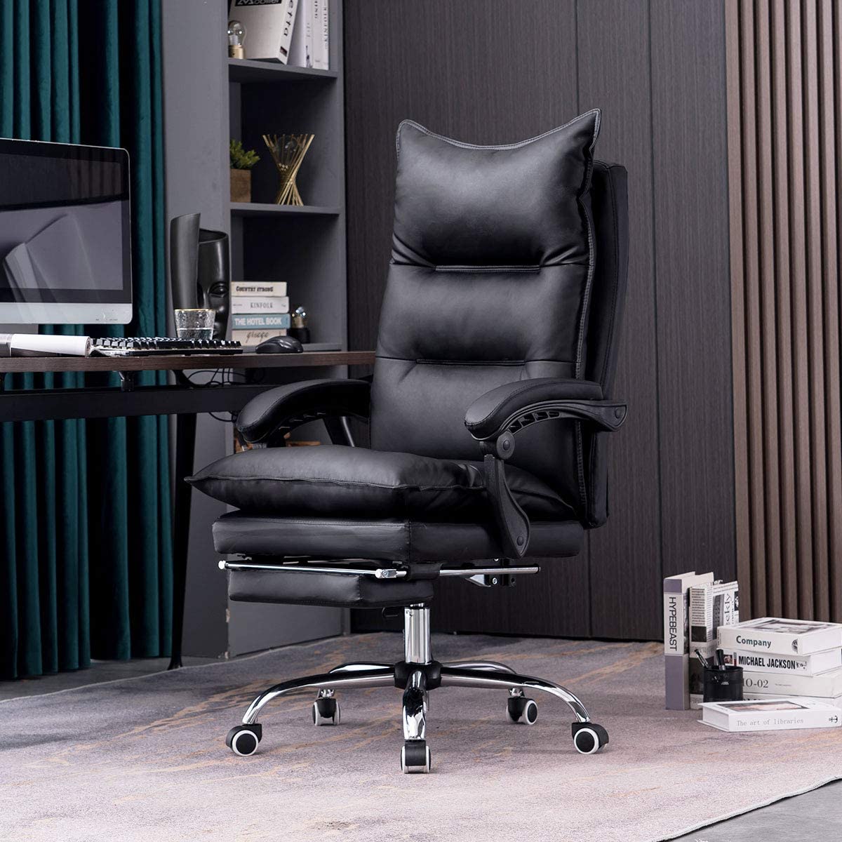 YOLENY Big and Tall Office Chair, Height-Adjustable Reclinable Ergonomic Swivel High Back Office Chair, Leather Office Chair with Foot Rest, Supports Up to 350 lbs, Black