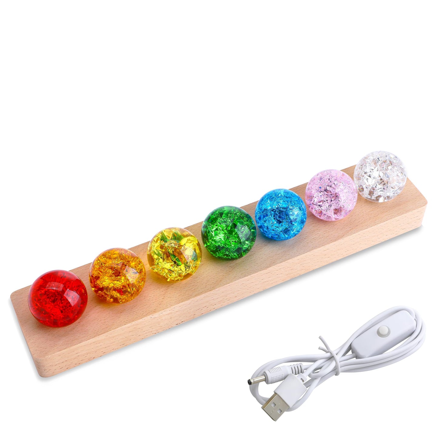 LOULIQIGIFT 7 Colors Ice Cracked Balls with LED Wooden Base 40mm Healing Sphere Balls Set Crystal Chakra Night Light Decor