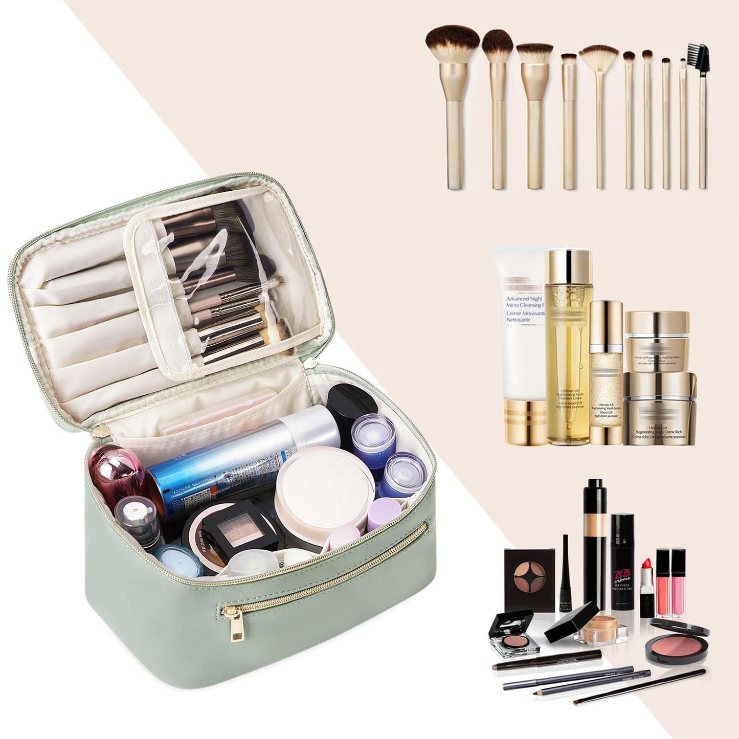 Travel Makeup Bag with Brush Compartment, Large Cosmetic Bags, PU Leather Makeup Case with Handle, Water-Resistant for Women, Green (Patent Pending)