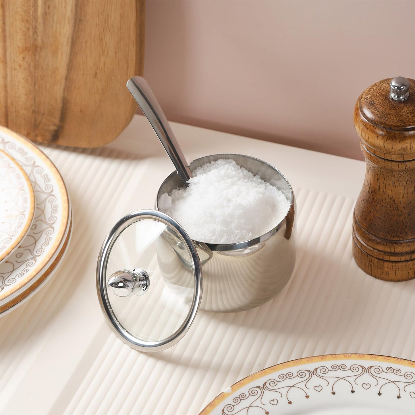 IBWell 10oz Sugar Bowl with Clear Lid and Spoon 2 Pack Silver Coffee Bar Containers for Kitchen Stainless Canister for Seasoning