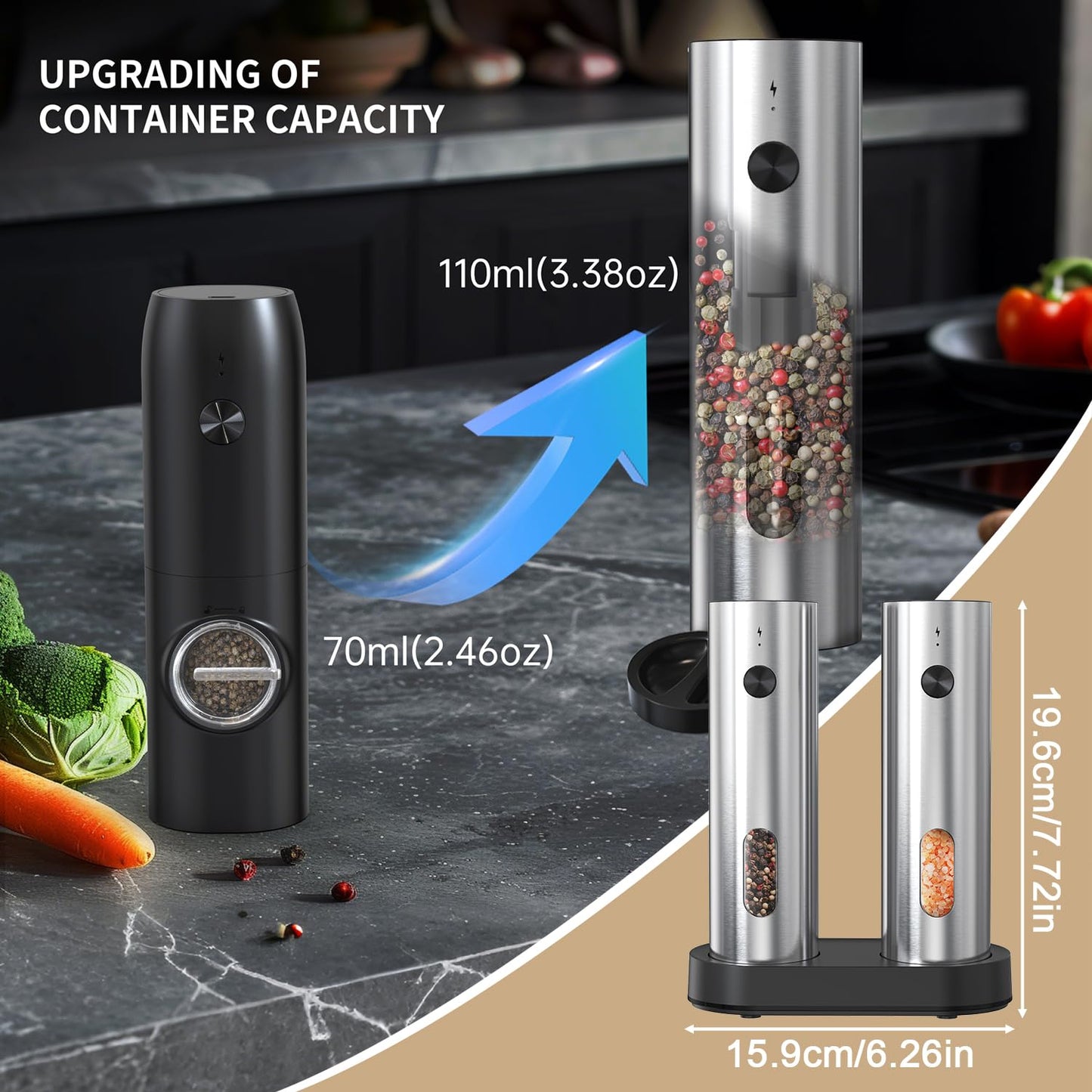 Electric Salt and Pepper Grinder Set with Charging Base,Stainless Steel Automatic Pepper Grinder Set Top-Refill,Flexible Coarsenes,110ml Larger Capacity with LED Light for Home Kitchen (2 pack)