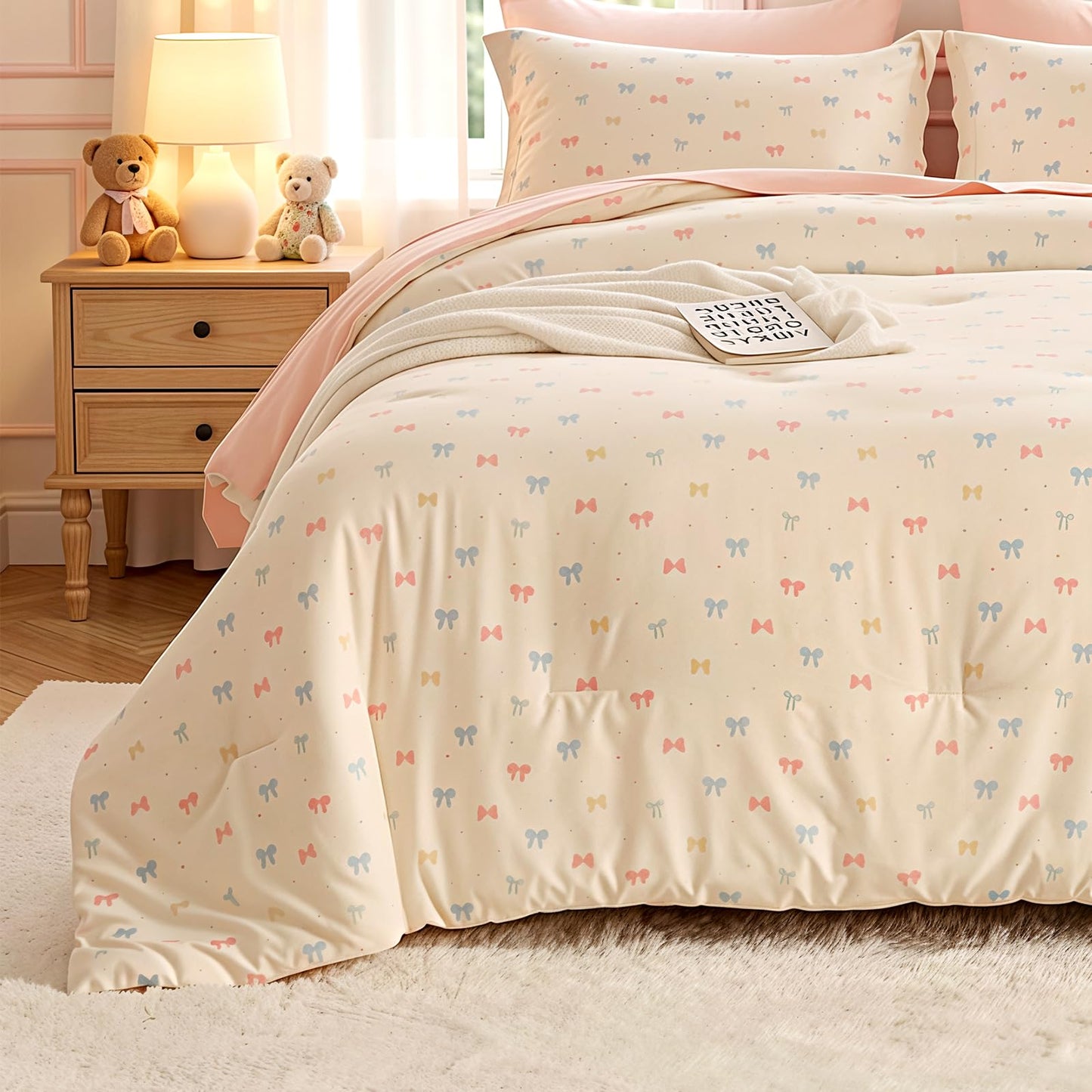 Wajade 7 Piece Colourful Bow Comforter Set for Girls Twin Size Cute Bedding Set Bed in A Bag (1 Comforter, 1 Flat Sheet, 1 Fitted Sheet, 2 Pillowcase and 2 Pillow Sham)