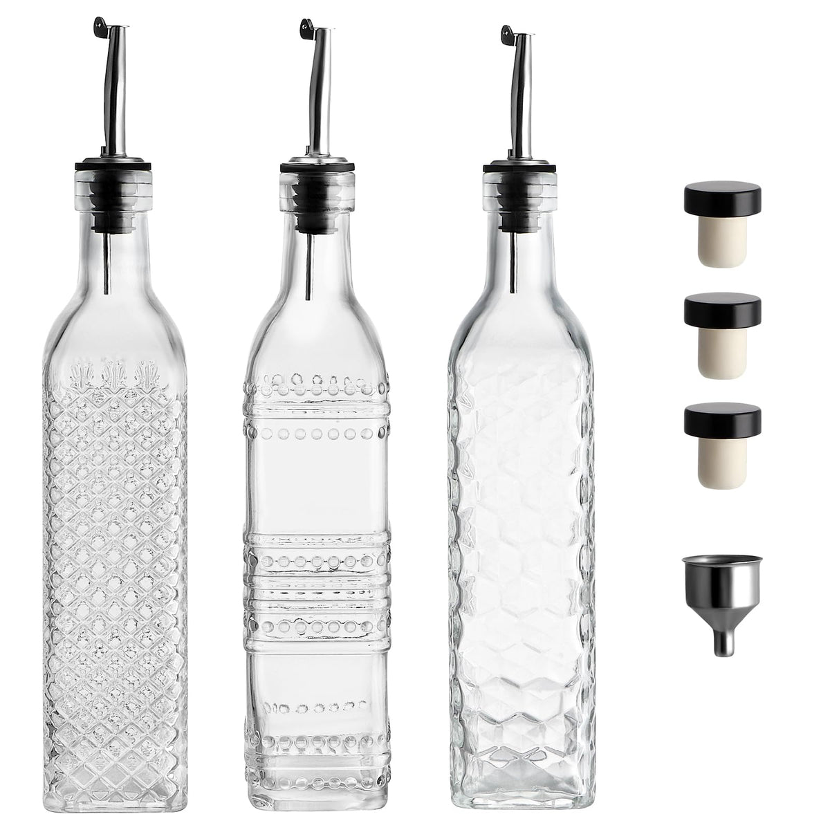 MDLUU Oil and Vinegar Dispenser Set, 17oz Clear Glass Olive Oil Bottles, Kitchen Vinegar Decanters with 3 Spouts, 3 Plugs, 1 Funnel, Pack of 3