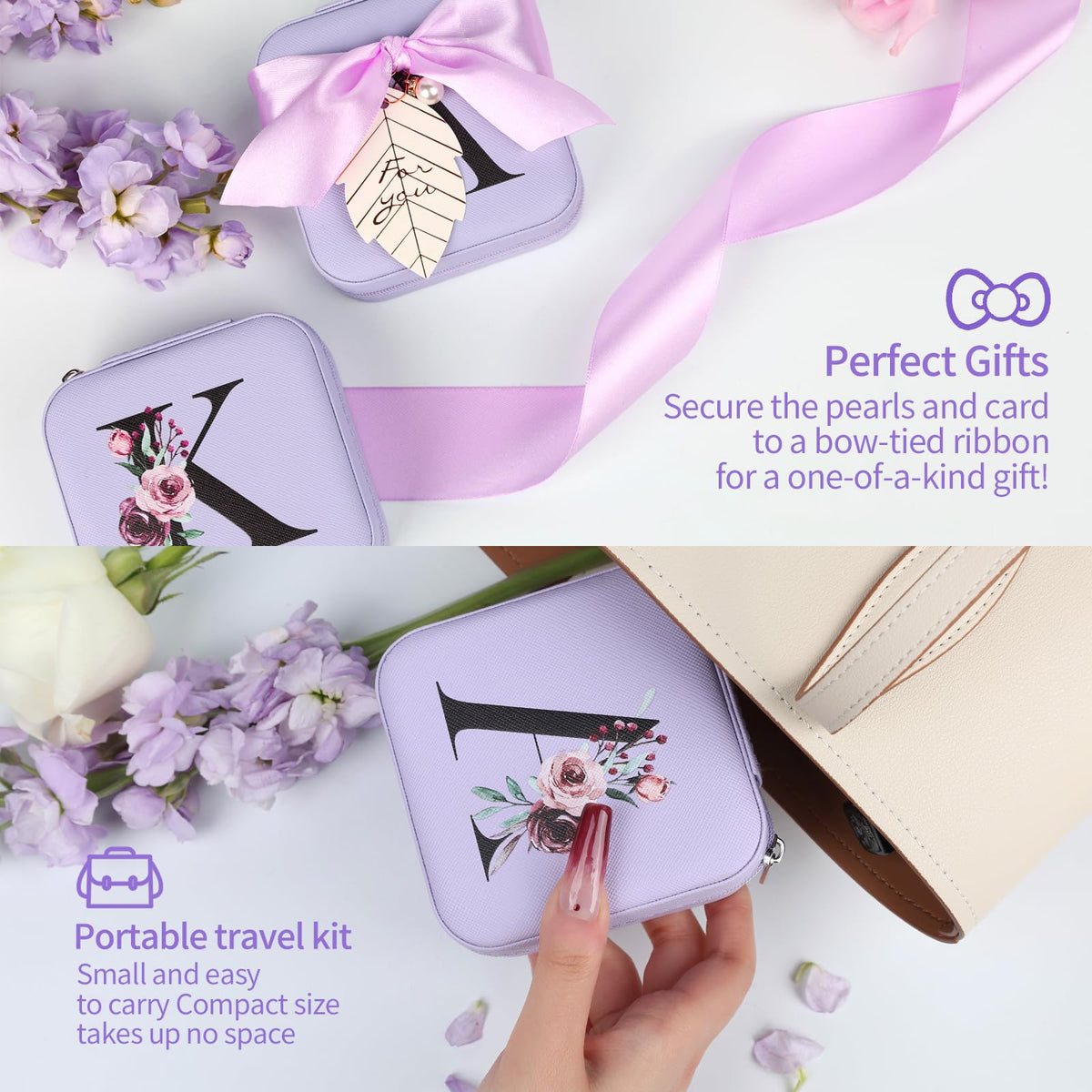 AYGXU Jewelry Organizer Box - Birthday & Mothers Day Gifts for Women, Small Travel Jewelry Case, Initial M Purple