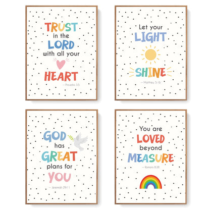 LARTSFRO Bible Christian Wall Art Decor Posters Prints, Inspirational Bible Verses Room Bathroom Bedroom Playroom Dorm Wall Art Decor Aesthetic for Nursery Baby Kids Teen Girls Gifts, Christian Classroom Wall Decor, 12x16 Inch Set of 4 Pcs Pictures (UNFRA